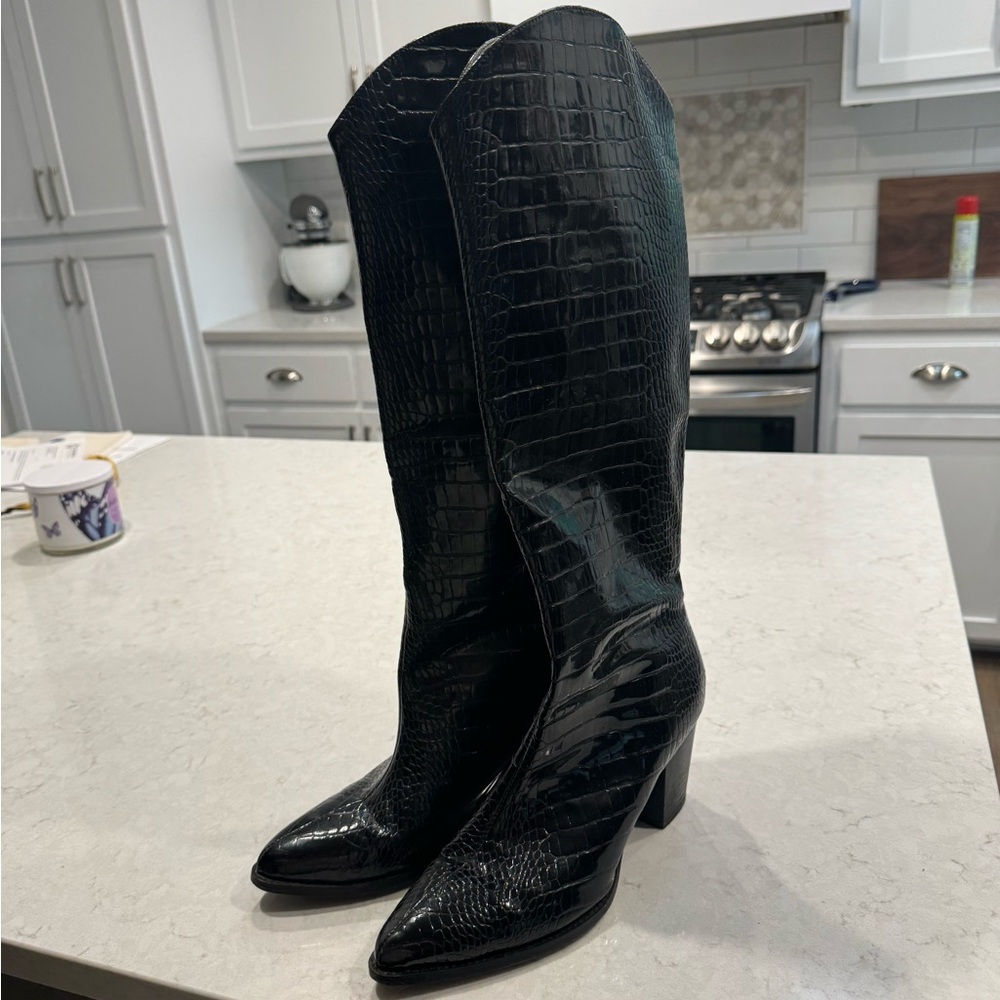 Black croc knee high western boot
